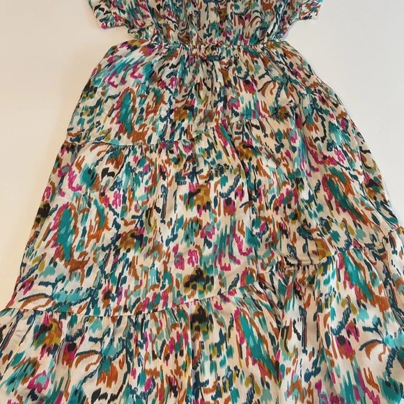 Entro Midi Dress Women Size L Multicolor Abstract Ikat Tiered Elastic Waist - Picture 7 of 7